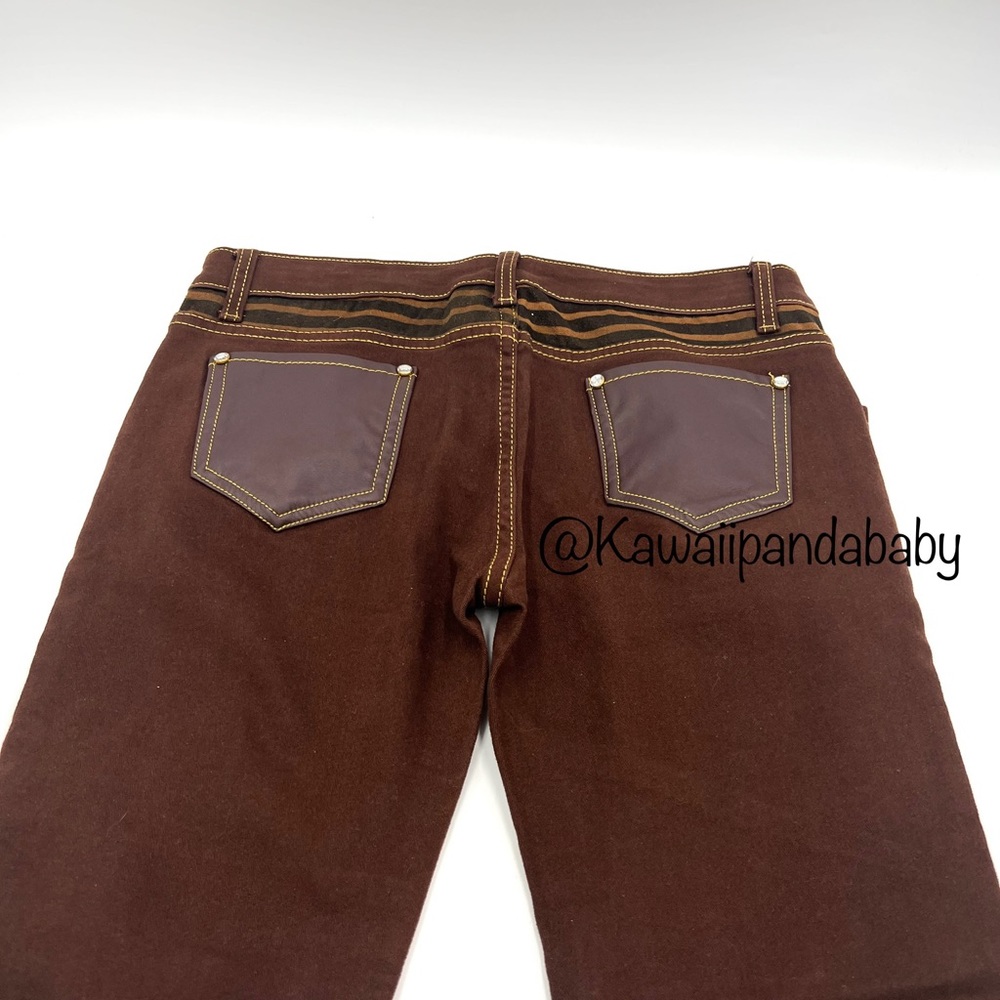 Brown Mixed Media Patchwork Faux Leather Suede Zipper Bling Striped Skinny Jeans - Picture 6 of 6